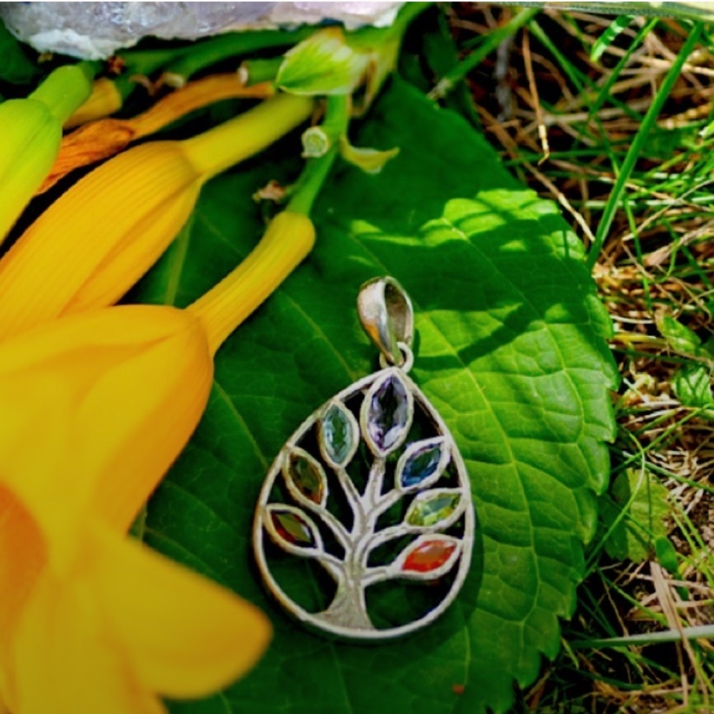 Silver Tear Drop Tree w Precious Gemstone Leaves